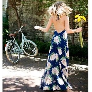 Show Me Your Mumu Logan Lace Up Halter Maxi Dress - Blue Floral Sunflower Dreams